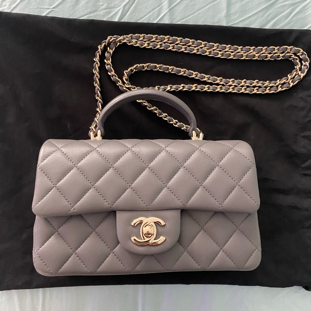 CHANEL Gray Quilted Mini Flap top handle with Gold Chain